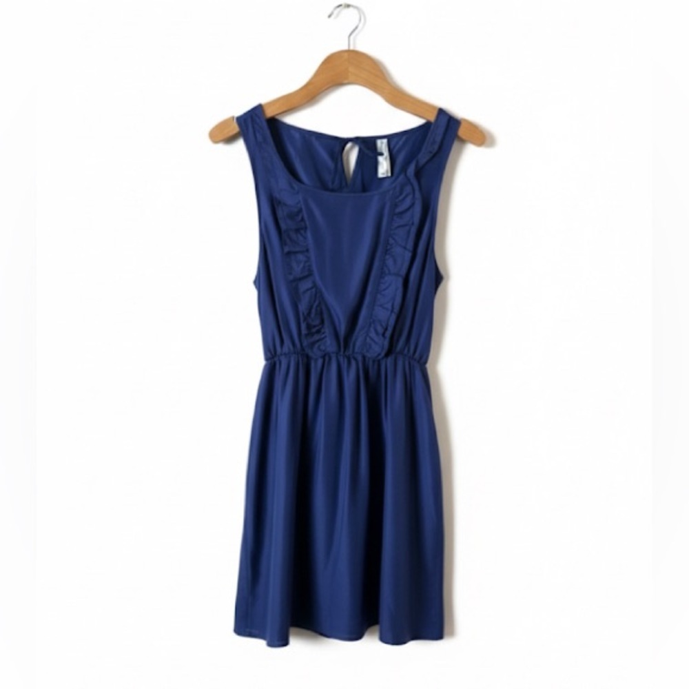 Anthropologie Maeve Navy Blue Sleeveless Silk High Neck Ruffle Mini Dress NWOT